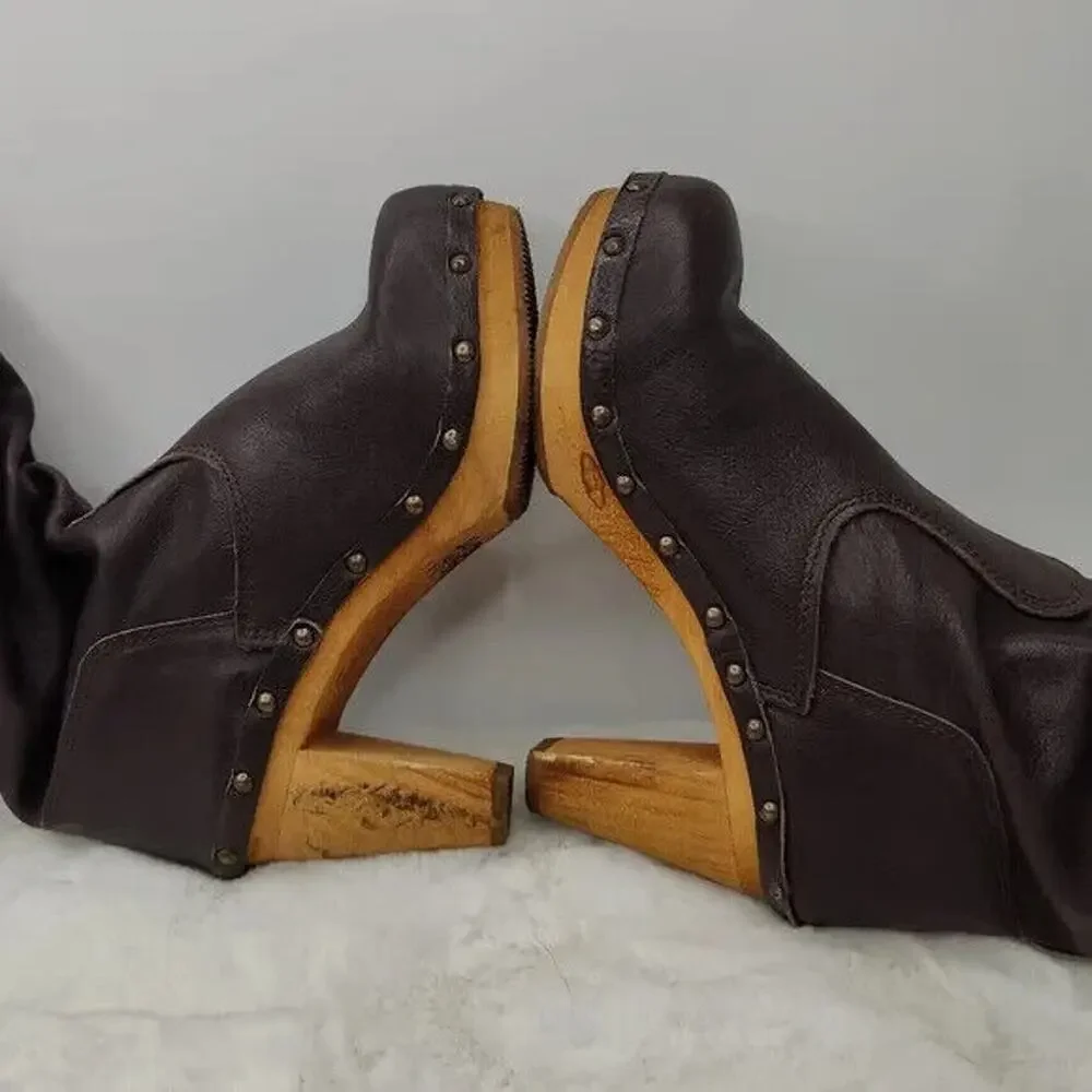 Brown Leather Knee High Clog Boots by sanita Size 6.5